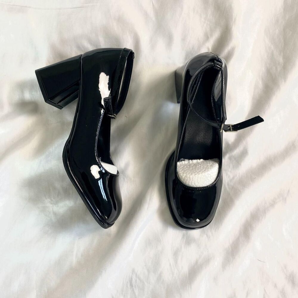 NEW Black Faux Patent Buckle Ballerina Mary Jane Heels EU 40 / US 9 - 9.5